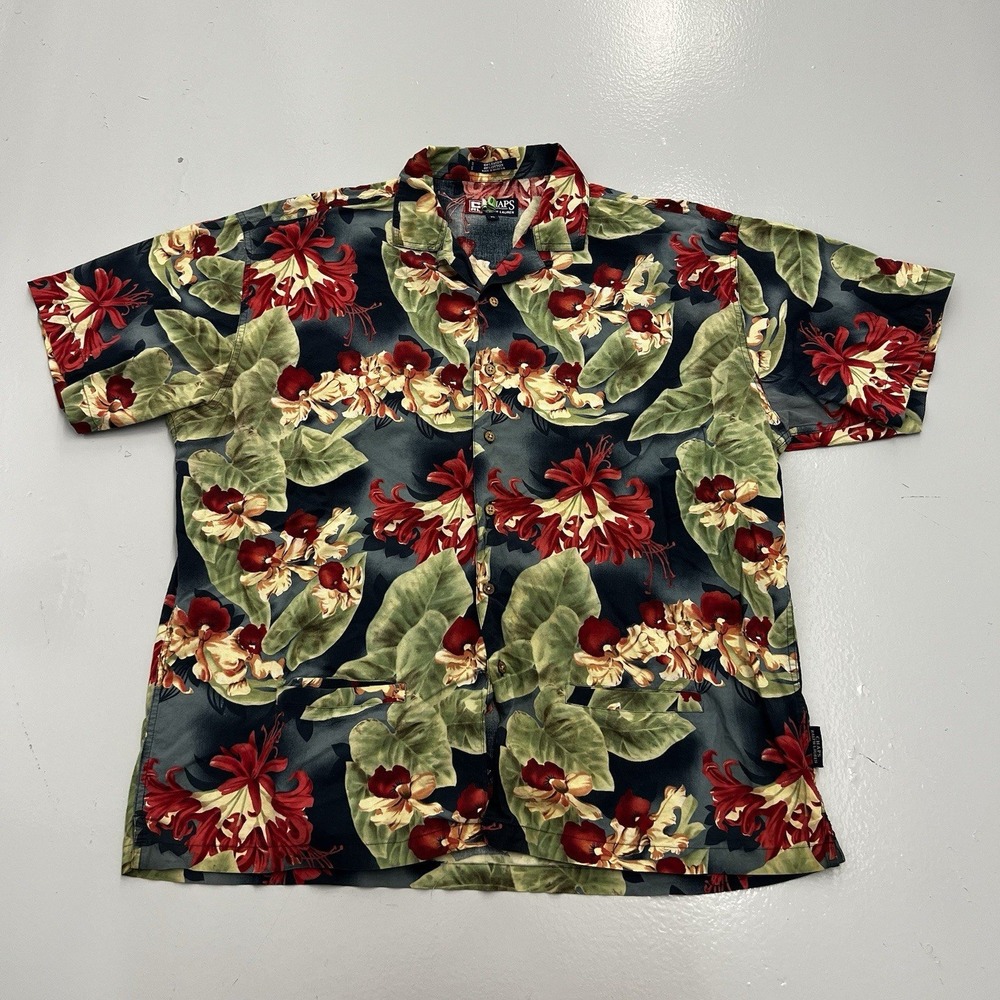 Chaps Ralph Lauren XL Mens Blue Red Floral Rayon Cotton Short Sleeve Camp Shirt